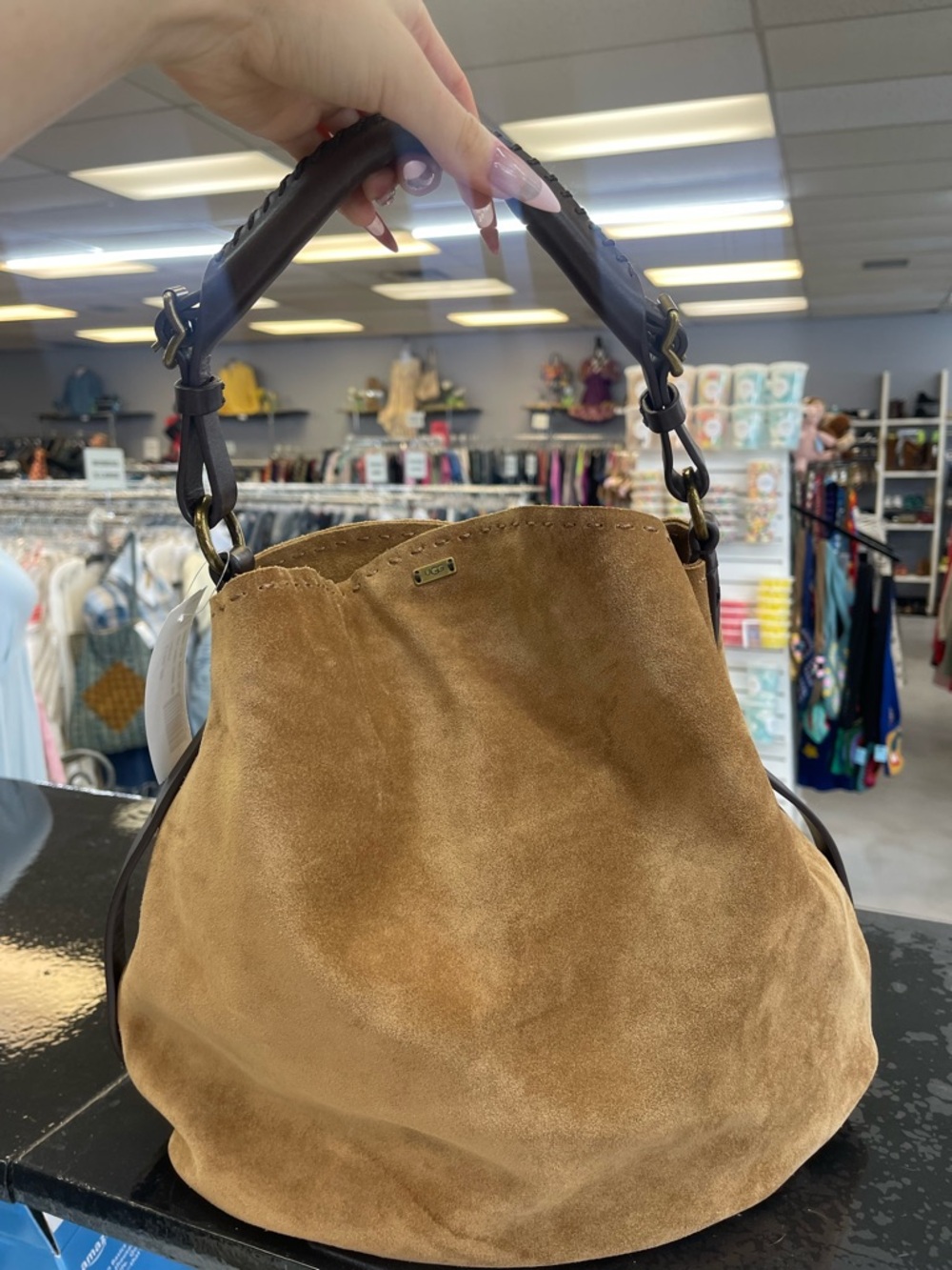 UGG Tan Suede Hobo Bag with Dark Brown Handle